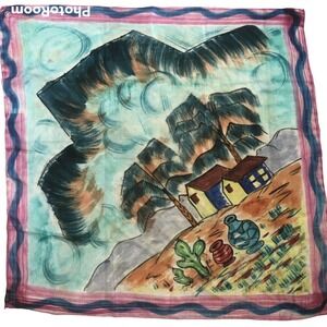 Glentex Silk 36” Scarf Square Southwestern Mexico Pottery Watercolor Vintage Art